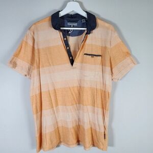 TED BAKER Polo Shirt Mens M Salmon Orange Stripe Wooden Buttons Navy 39"‎ Chest